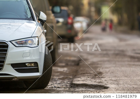 Close-up view of a new modern car parked on the side of the street 118481979