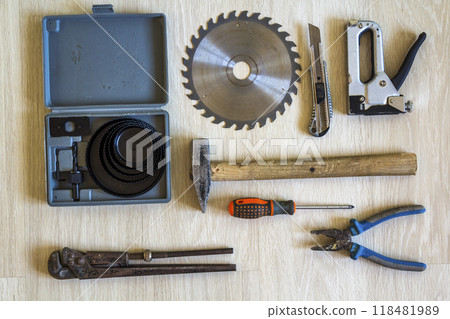 Construction, building and repair tools set for house work on wooden background. Top view. 118481989