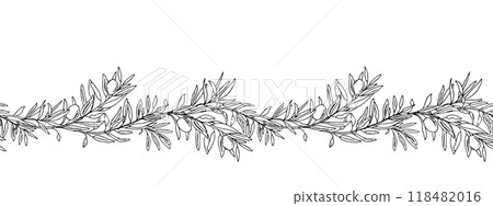 Horizontal Olive Branch Seamless Border Pattern. Hand drawn Ink Botanical Vector illustration. Can be used for fabric, kitchen textile, packaging prints, frames, adhesive tape and paper design. Horizontal Olive Branch Seamless Border Pattern. Hand drawn Ink Botanical Vector illustration. Can be used for fabric, kitchen textile, packaging prints, frames, adhesive tape and paper design. 118482016