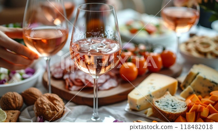 Autumn or fall season. table with wine glasses and food, hands reaching for glass of rose wine, cheese board on table, warm light, pastel colors, home interior 118482018