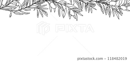 Horizontal Frame, Border with Olive Branches and fruits. Hand drawn Vector Graphic illustration. Botanical Sketch. Perfect as a web banner, card and invitation template, for menu design. 118482019