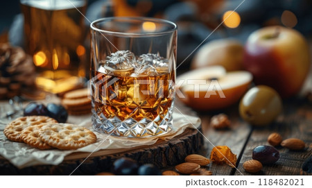 Autumn season. Rustic still life with whiskey and snacks. Crystal glass with a beautiful pattern on a wooden table. Snack for whiskey on crumpled paper olives, crackers, cheese, almonds, pear, apple. 118482021