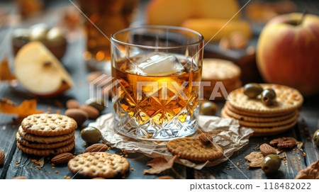Autumn season. Rustic still life with whiskey and snacks. Crystal glass with a beautiful pattern on a wooden table. Snack for whiskey on crumpled paper olives, crackers, cheese, almonds, pear, apple. 118482022