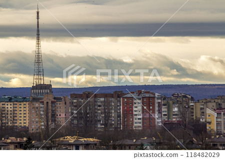Aerial view of Ivano-Frankivsk city, Ukraine with high buildings. Aerial view of Ivano-Frankivsk city, Ukraine with high buildings. 118482029