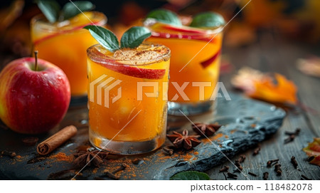 Autumn or fall season. Apple cider cocktail with cinnamon and apple traditional autumn and winter drink 118482078