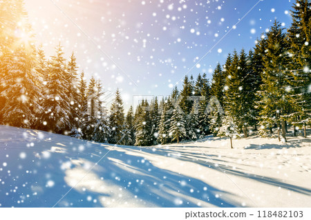 Beautiful winter landscape in the mountains. Happy New Year celebration concept. Beautiful winter landscape in the mountains. Happy New Year celebration concept. 118482103