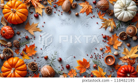 Thanksgiving and Harvest Festival. Autumn background with frame made of autumn leaves, acorns and pumpkin on white table top view. Autumn concept, flat lay. 118482195