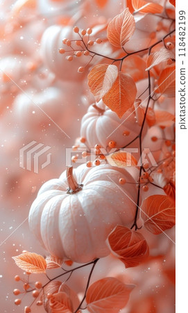 Thanksgiving and Harvest Festival. A soft, pastel beige colored background with delicate pumpkins and autumn leaves in the foreground, creating an elegant atmosphere for a wedding event. 118482199