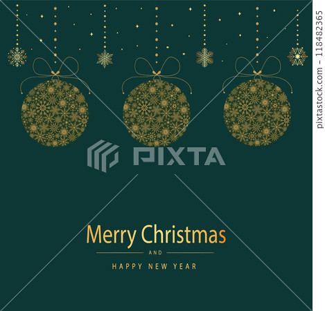 Festive Christmas card with Christmas balls made of snowflakes. Merry Christmas and Happy New Year greeting card. 118482365