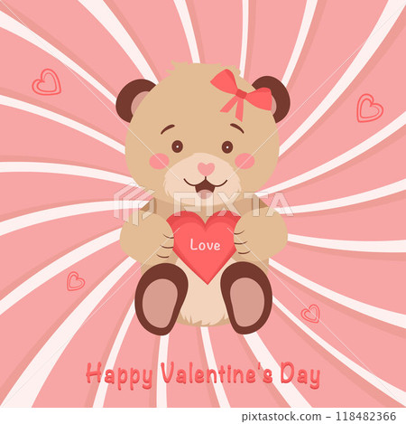 Cute teddy bear holding a heart in his paws. Drawing for Valentine's Day, Teddy Bear Day. Vector illustration. Vector. Vector illustration 118482366
