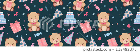 Seamless pattern birthday. Cute bear, candies, gifts, cake. Vector illustration 118482373