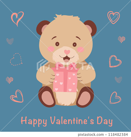 A cute teddy bear holds a gift in its paws. Drawing for Valentine's Day, Teddy Bear Day. Vector illustration. Vector A cute teddy bear holds a gift in its paws. Drawing for Valentine's Day, Teddy Bear Day. Vector illustration. Vector 118482384