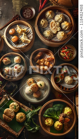 A variety of dim sum in bamboo steamers, beautifully arranged on a wooden table with garnishes. 118482408