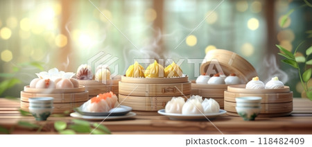 A variety of delicious steamed dumplings in bamboo steamers, with steam rising, creating a warm and inviting atmosphere. 118482409