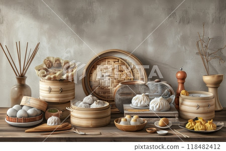 A variety of delicious steamed dumplings in bamboo steamers, with steam rising, creating a warm and inviting atmosphere. 118482412