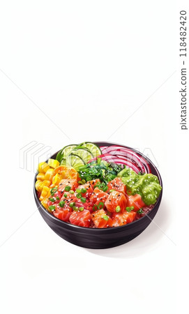 Fresh poke bowl with tuna, vegetables, and a variety of toppings isolated on a white background. 118482420