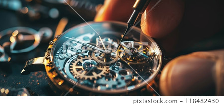Close-up of a skilled watchmaker repairing the intricate parts of a luxury mechanical watch. 118482430