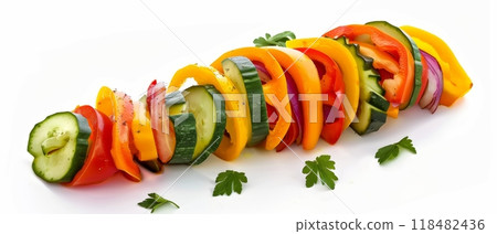 Freshly sliced colorful vegetables arranged in a row, garnished with herbs on a white background. Freshly sliced colorful vegetables arranged in a row, garnished with herbs on a white background. 118482436