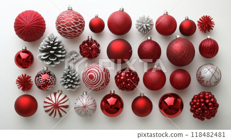 Colorful Christmas ornaments arranged neatly in a festive display for holiday decoration 118482481