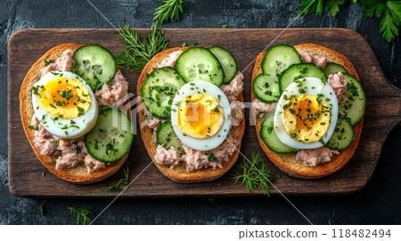 Freshly made cucumber and egg sandwiches displayed on a wooden board for a healthy brunch 118482494