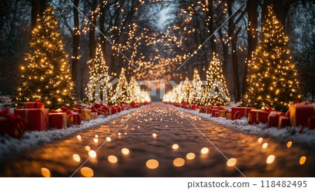 A festive holiday display with decorated Christmas trees and glowing lights in a snowy setting 118482495