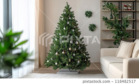 Festively decorated living room with Christmas tree and presents during winter holiday season Festively decorated living room with Christmas tree and presents during winter holiday season 118482517