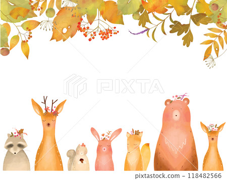 Scandinavian fashionable autumn plants and forest animals white background frame illustration vector material Scandinavian fashionable autumn plants and forest animals white background frame illustration vector material 118482566