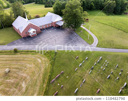 Old cemetery with grave stones on green grass lawn in American countryside town. Concept of death Old cemetery with grave stones on green grass lawn in American countryside town. Concept of death 118482798