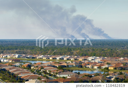 Prescribed fire smoke rising up over suburban neighborhood in Florida 118482819