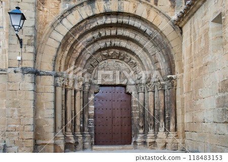 Front view of stone door. Church at El Frago, Zaragoza, Spain 118483153