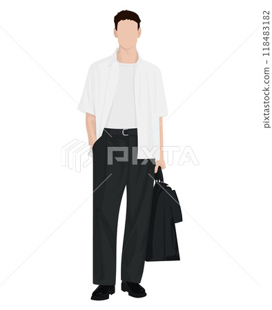 Vector illustration of a man in a loose-fitting white shirt and dark pants. Vector illustration of a man in a loose-fitting white shirt and dark pants. 118483182