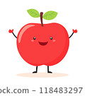 Apple with arms and legs and a smiling face, flat design, vector image in children's book style isolated on white 118483297