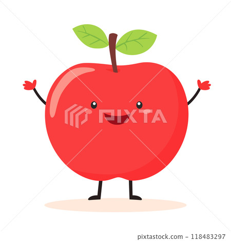 Apple with arms and legs and a smiling face, flat design, vector image in children's book style isolated on white 118483297