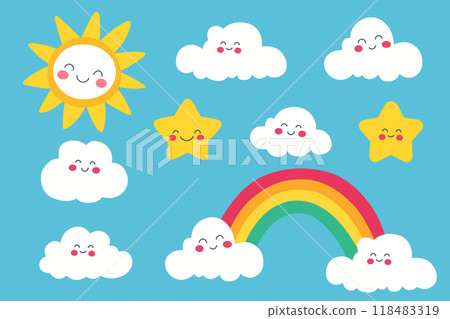 A cute rainbow with a smiling clouds, stars and sun vector set isolated on blue sky background 118483319