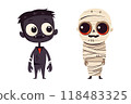 A vampire and a mummy, front view, cute simple drawing style, flat design, simple, minimalist, vector illustration isolated on white background 118483325