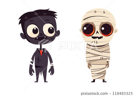 A vampire and a mummy, front view, cute simple drawing style, flat design, simple, minimalist, vector illustration isolated on white background 118483325