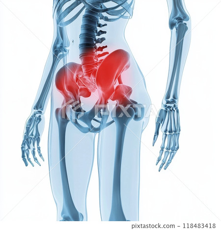 Female skeleton showing sacrum pain with red highlight 118483418