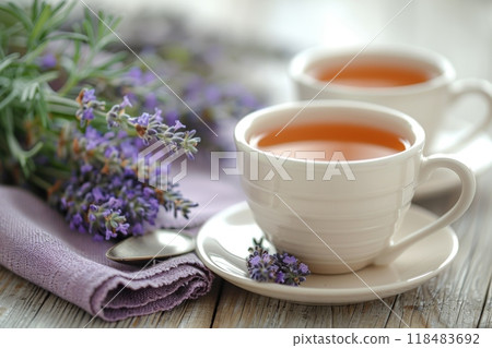 Two white cups of lavender tea with fresh lavender flowers on a table, creating a serene setting 118483692