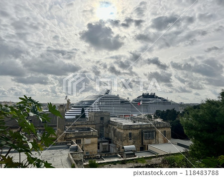 Cruise ship docked in Valletta, Malta. The view of the city of Valletta from the observation deck in Malta 118483788