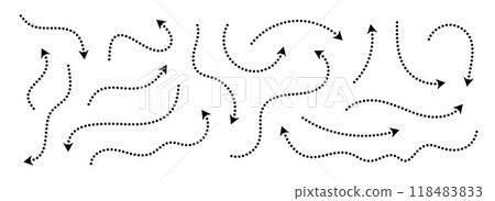 Black dotted arrows set. Wavy and curved dashed arrow collection. Doodle sketched thin pointers and direction lines. Dots outline stripe design elements bundle for flyer, poster, brochure. Vector Black dotted arrows set. Wavy and curved dashed arrow collection. Doodle sketched thin pointers and direction lines. Dots outline stripe design elements bundle for flyer, poster, brochure. Vector 118483833