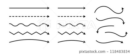 Black arrows set. Wavy and zigzag arrow collection. Doodle sketched thin pointers and direction lines. Curved and straight outline stripe design elements bundle for flyer, poster, brochure. Vector 118483834