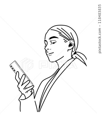 Line drawing of a woman operating a smartphone 118483835
