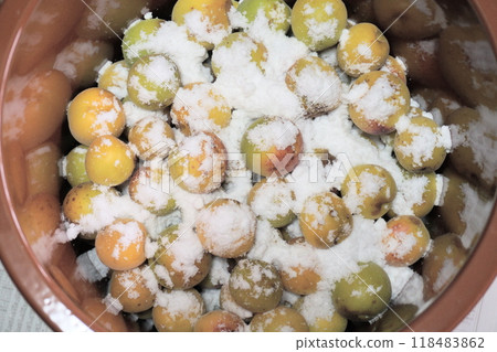 開始醃製梅乾 在罐子裡的梅干中加入鹽 開始醃製梅乾 在罐子裡的梅干中加入鹽 118483862