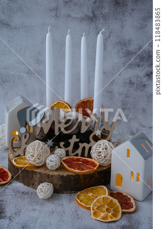 Merry Christmas wooden message Step by step instruction of making handmade Christmas advent four weeks candle calendar. Female hands creating craft homemade decor. New year celebration. Winter Merry Christmas wooden message Step by step instruction of making handmade Christmas advent four weeks candle calendar. Female hands creating craft homemade decor. New year celebration. Winter 118483865