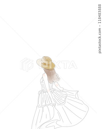 戴草帽穿白裙子的女人背影插畫 118483888