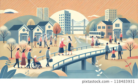 Illustration of a landscape depicting a society where people and communities support each other Illustration of a landscape depicting a society where people and communities support each other 118483931