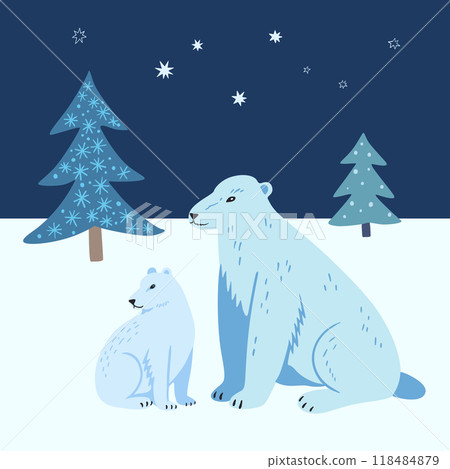 Mama bear and cute baby bear in night winter landscape. with stars and fir trees. Stylized illustration for postcards. Mama bear and cute baby bear in night winter landscape. with stars and fir trees. Stylized illustration for postcards. 118484879