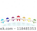 Colorful seven snowmen and snowflakes illustration 118485353
