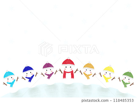 Colorful seven snowmen and snowflakes illustration 118485353