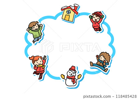 Children jumping winter snow frame winter clothes 118485428